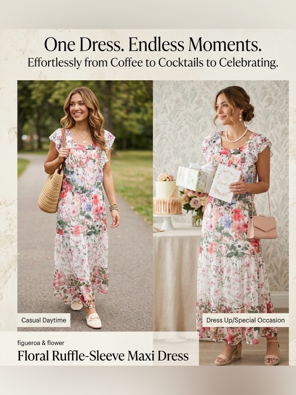 Floral Ruffle-Sleeve Maxi Dress in White and Pink